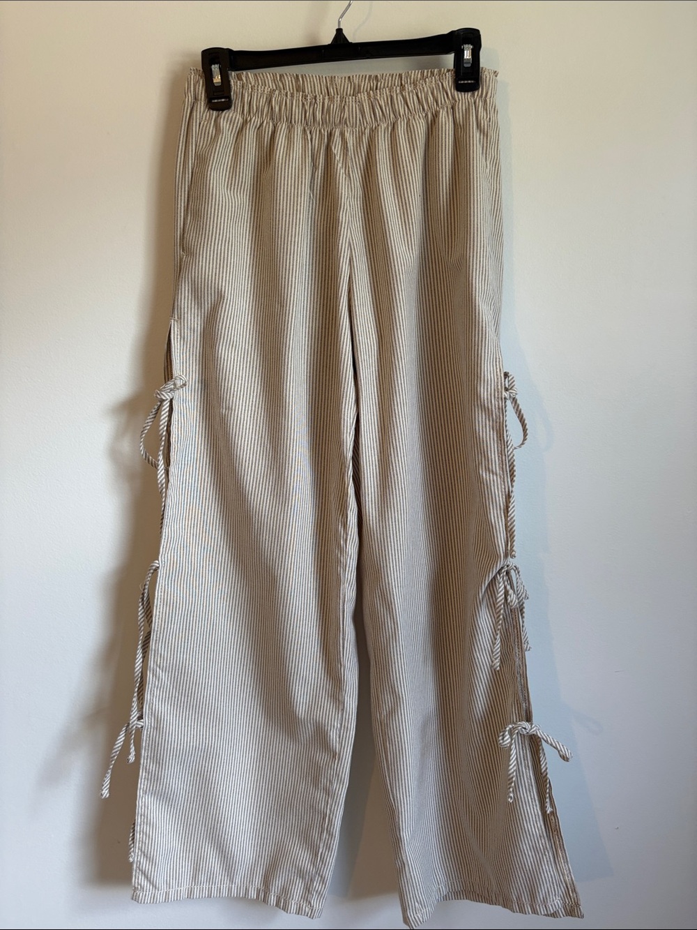 Striped Beige Wide-Leg Tie-Side Pants